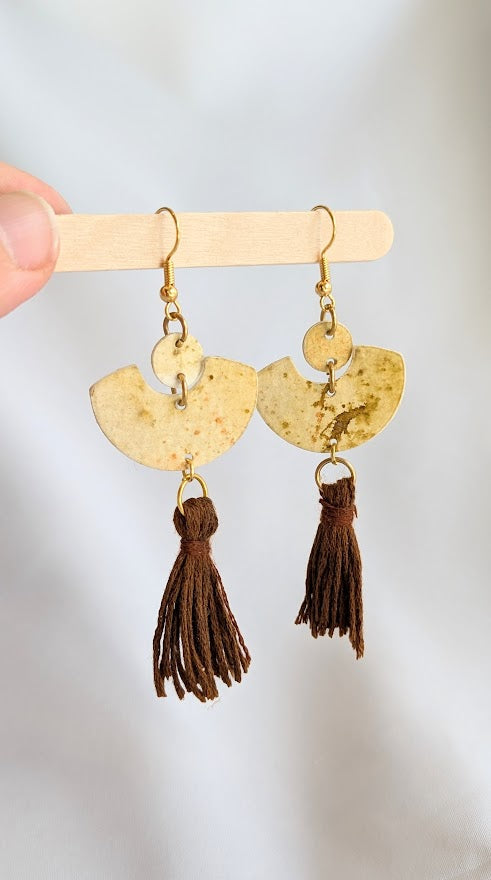 Sustainable Paper earrings featuring brown tassel