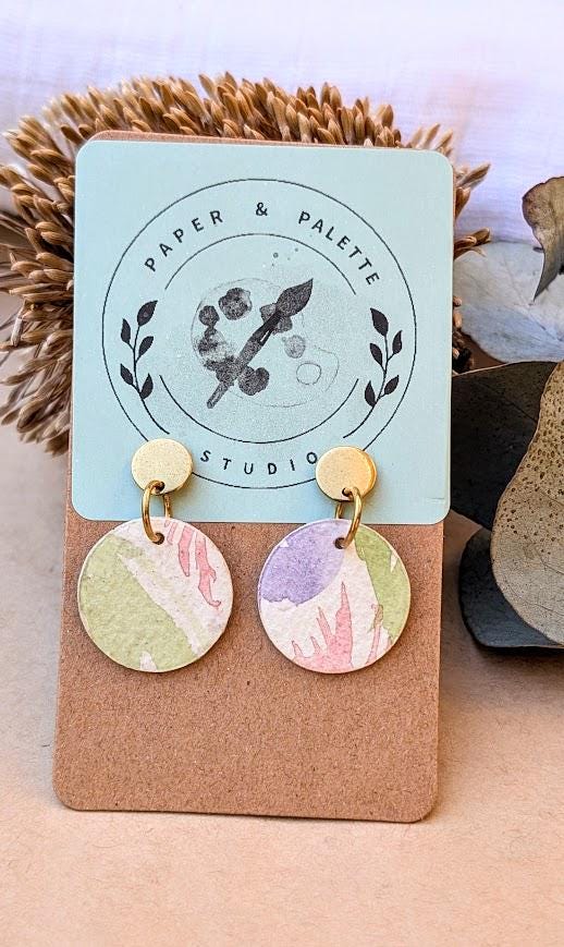 Pastel Watercolour Paper Earrings – Gold Bead Dangles | Eco-Friendly & Lightweight