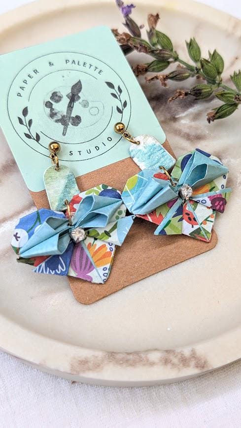 Blue Floral Origami Heart Earring