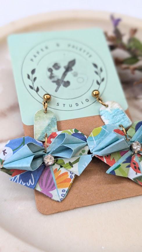 Blue Floral Origami Heart Earring