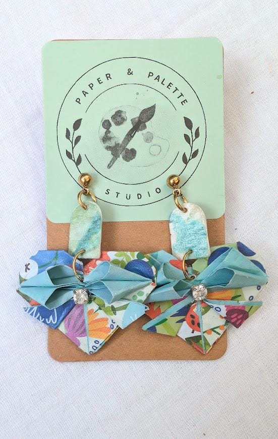 Blue Floral Origami Heart Earring