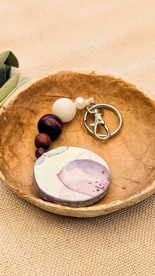 purple beaded keyring with watercolour flowers