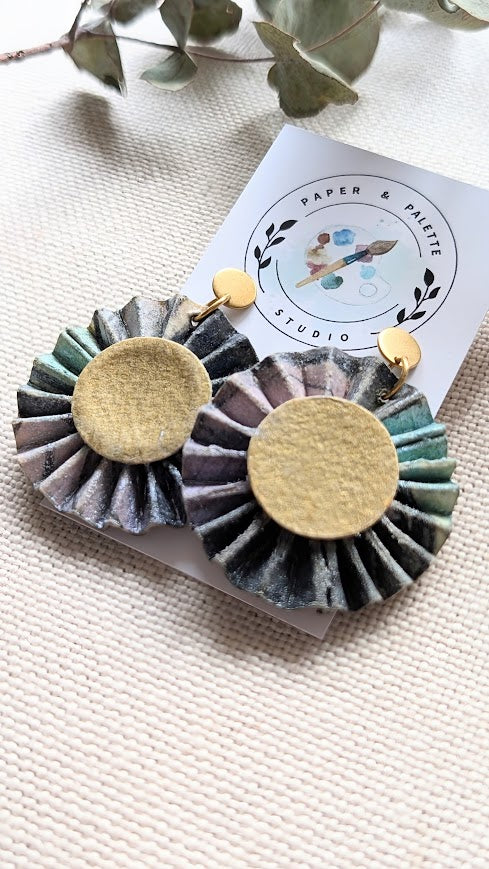 Pleated Watercolour Paper Earrings – Hand-Painted with Gold Centre – Lightweight Eco-Friendly Statement Dangle – Mariposa Collection