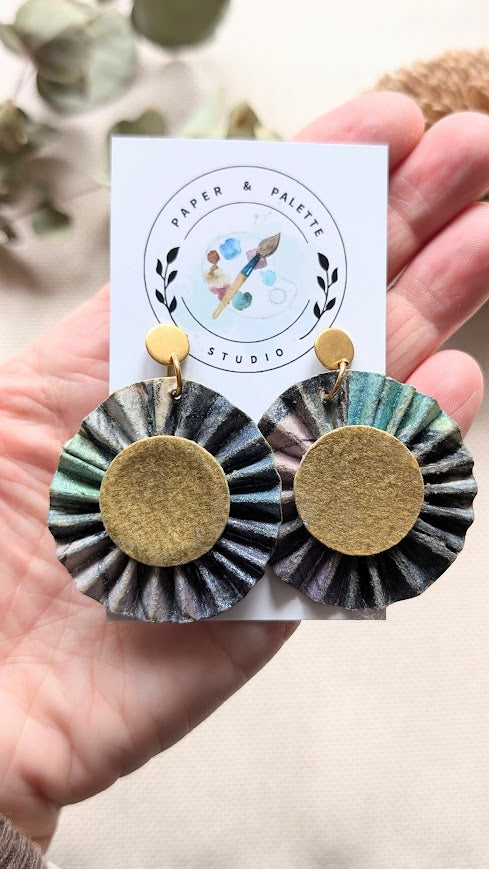 Pleated Watercolour Paper Earrings – Hand-Painted with Gold Centre – Lightweight Eco-Friendly Statement Dangle – Mariposa Collection