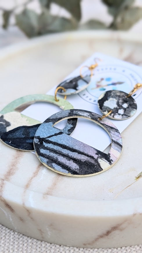 Layered Abstract Circle Earrings – Hand-Painted Watercolour Paper – Lightweight Eco-Friendly Dangle Earrings – Mariposa Collection