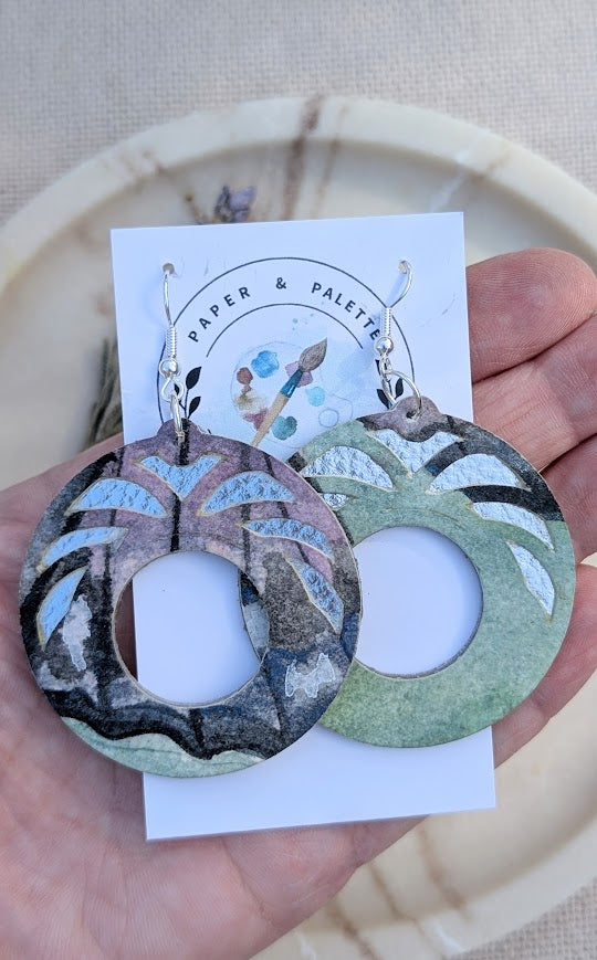 Hand-Painted Paper Circle Earrings – Botanical Cut-out Design – Lightweight & Eco-Friendly – Mariposa Collection