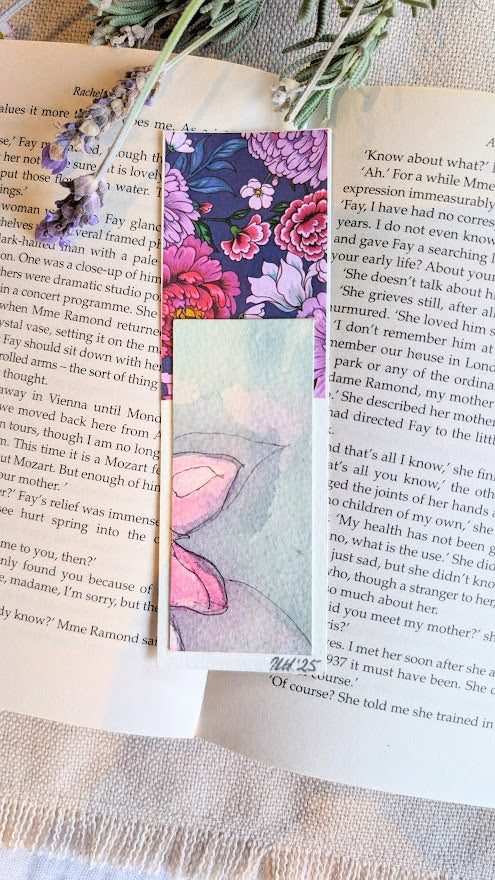 Hand-painted bookmark with soft pink watercolour flowers and floral paper details