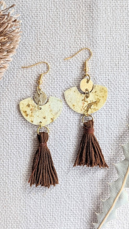Sustainable handmade earrings with brown tassels and semi-circle paper elements
