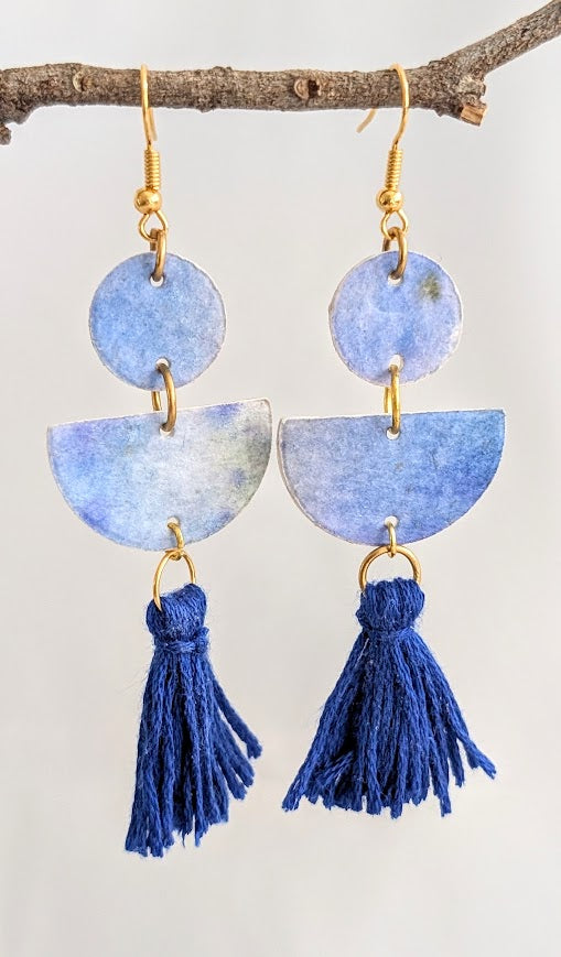 Blue earrings with tassels hanging from a branch