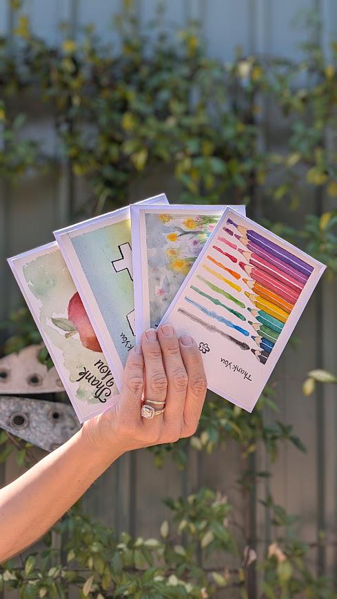 Set of 4 Hand made Hand Painted Thank You Cards Teacher Educator Coach Trainer Gift