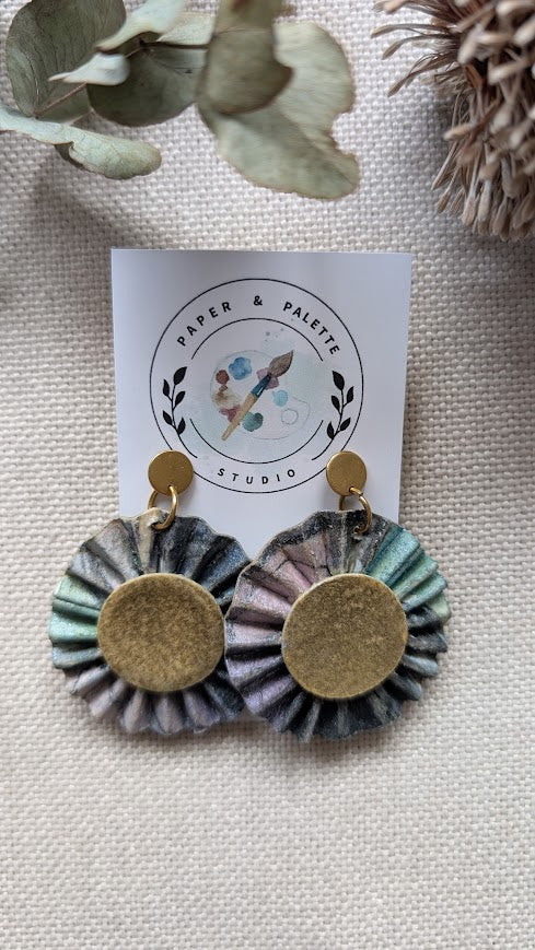 Pleated Watercolour Paper Earrings – Hand-Painted with Gold Centre – Lightweight Eco-Friendly Statement Dangle – Mariposa Collection