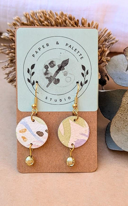 Pastel Watercolour Paper Earrings – Gold Bead Dangles | Eco-Friendly & Lightweight