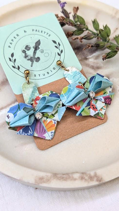 Blue Floral Origami Heart Earring
