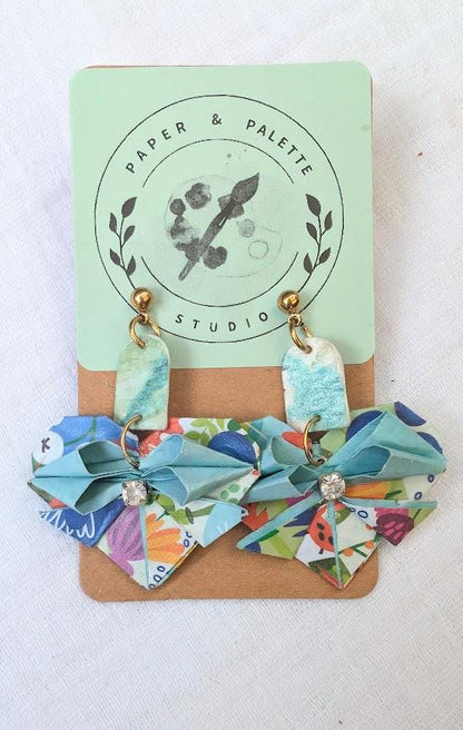 Blue Floral Origami Heart Earring