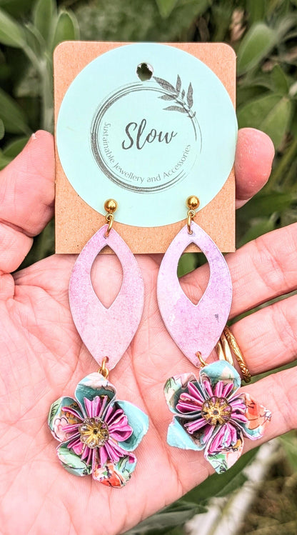 Origami Flower Watercolour Earrings – Hand-Folded Floral Drops with Upcycled Beads