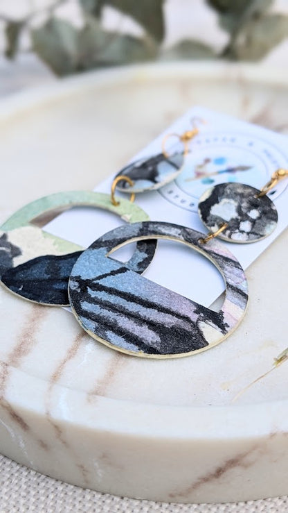 Layered Abstract Circle Earrings – Hand-Painted Watercolour Paper – Lightweight Eco-Friendly Dangle Earrings – Mariposa Collection