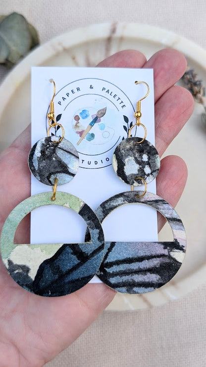 Layered Abstract Circle Earrings – Hand-Painted Watercolour Paper – Lightweight Eco-Friendly Dangle Earrings – Mariposa Collection