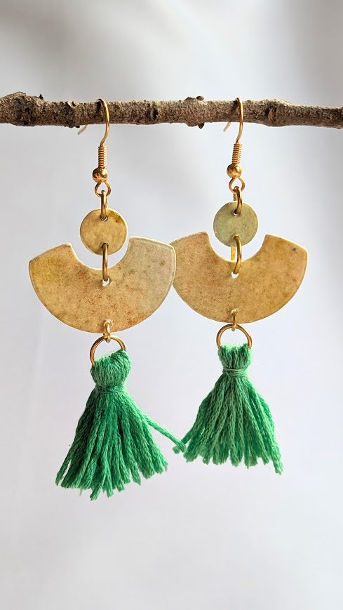 Handmade Boho Fan Tassel Earrings – Sustainable Paper & Gold Elements with Mini Tassels