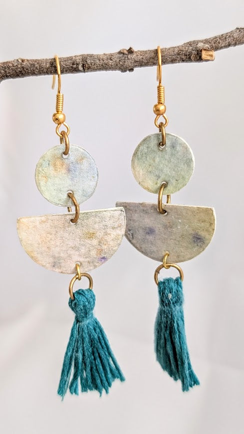 Handmade Watercolour Geometric Earrings with Cotton Tassels –  Lightweight Eco-Friendly Statement Jewellery