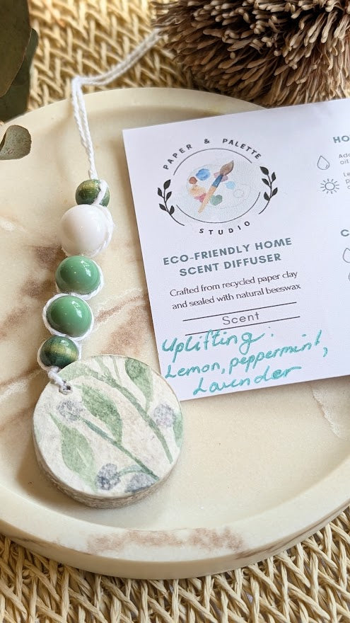 Eco-friendly home scent diffuser with a label on a woven surface