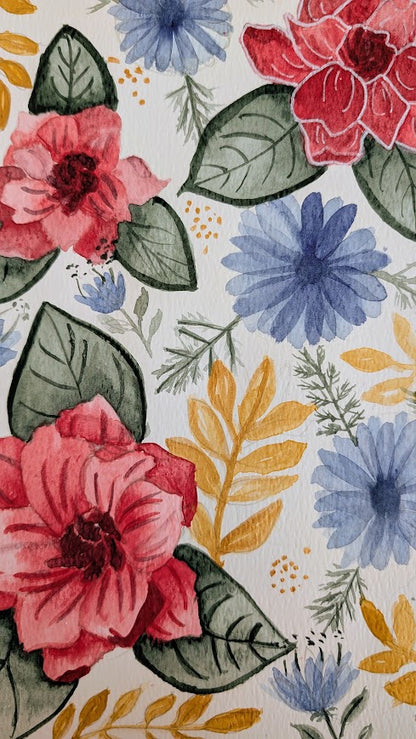 Floral pattern with pink, blue, and yellow flowers on a white background