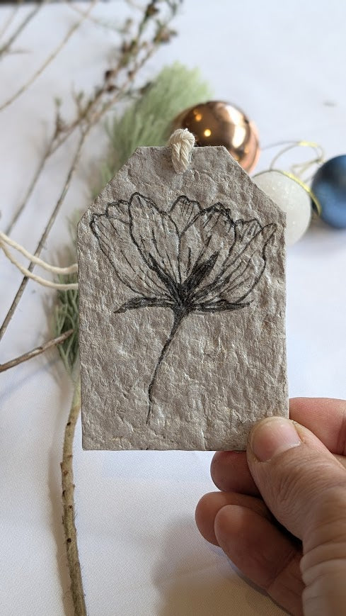 Hand holding a small card with a floral design on a white background