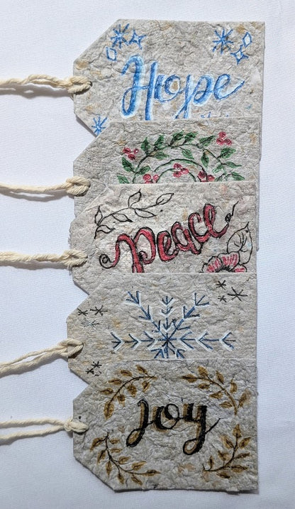 Decorative tags with text 'Hope', 'Peace', and 'Joy' on a white background.