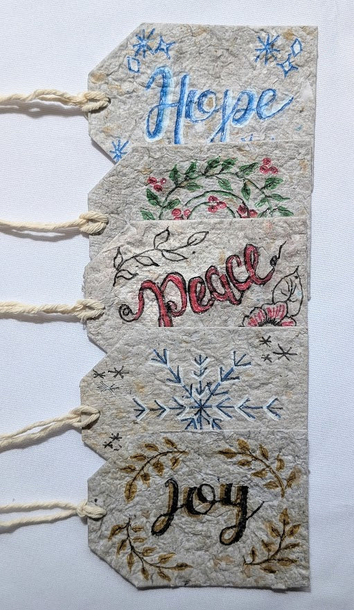 Decorative tags with text 'Hope', 'Peace', and 'Joy' on a white background.