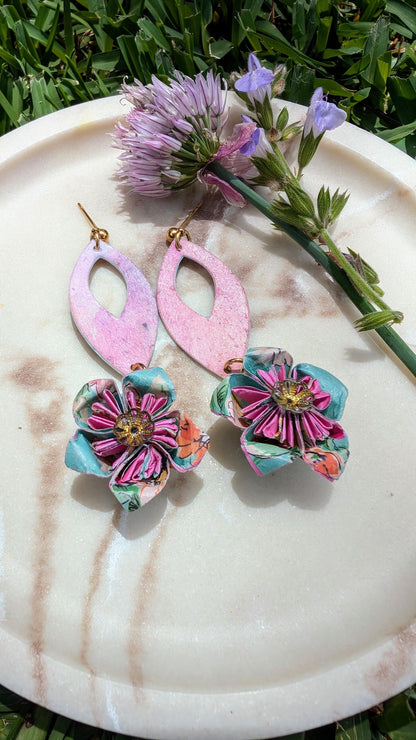 Origami Flower Watercolour Earrings – Hand-Folded Floral Drops with Upcycled Beads