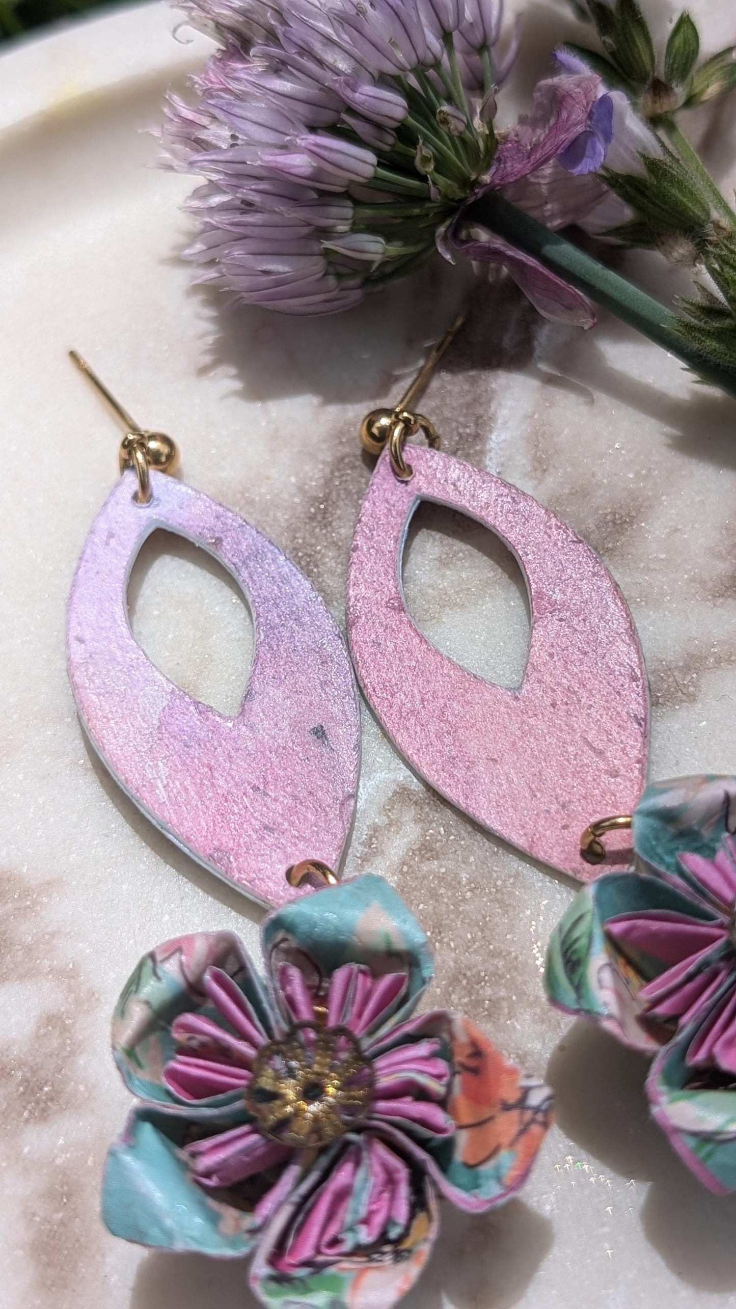 Origami Flower Watercolour Earrings – Hand-Folded Floral Drops with Upcycled Beads