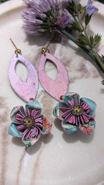 Origami Flower Watercolour Earrings – Hand-Folded Floral Drops with Upcycled Beads